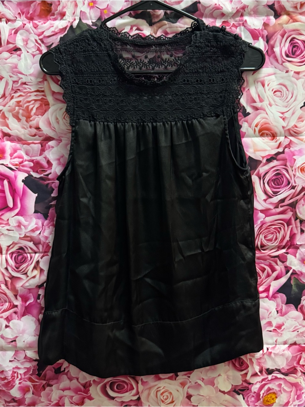 Francesca's Collections Black Satin-Look Shell with Lace Trim